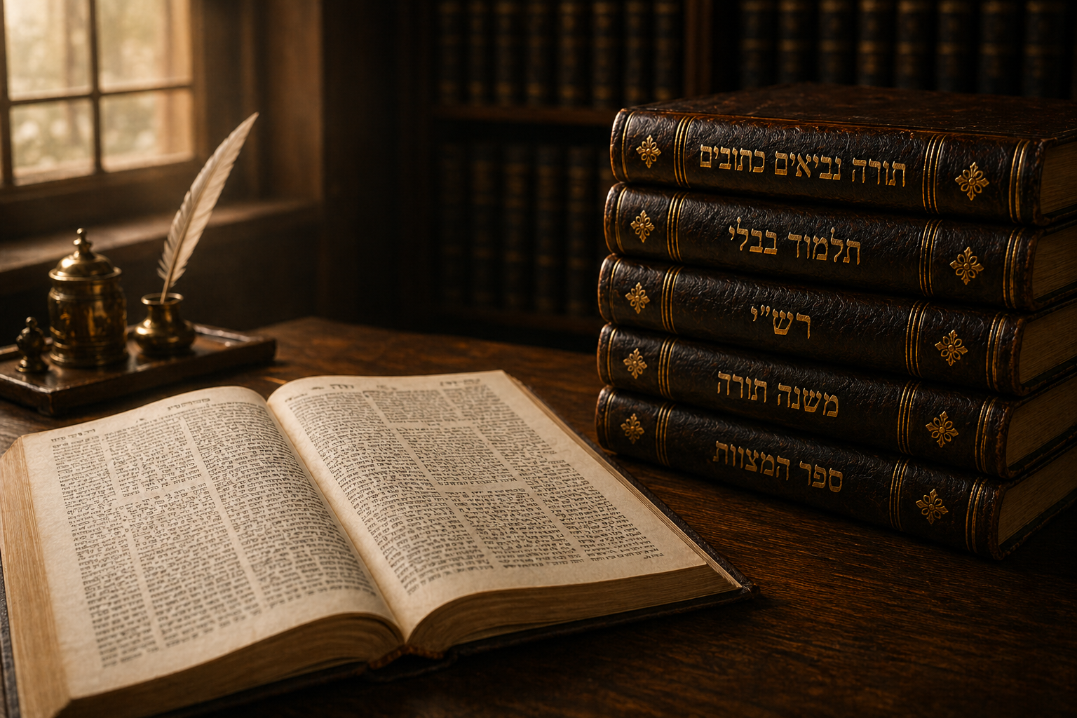 Stack of leather-bound seforim — Torah, Talmud Bavli, Rashi, Mishneh Torah, Sefer HaMitzvot — beside an open gemara